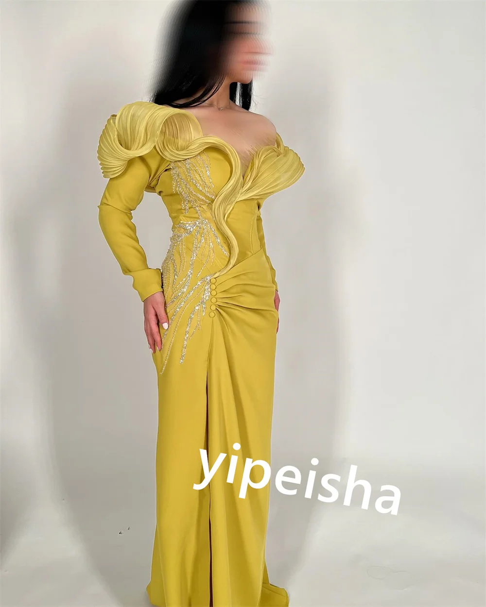 CustomizedJersey Sequined Pleat Party Sheath Off-the-shoulder Bespoke Occasion Gown Long Dresses