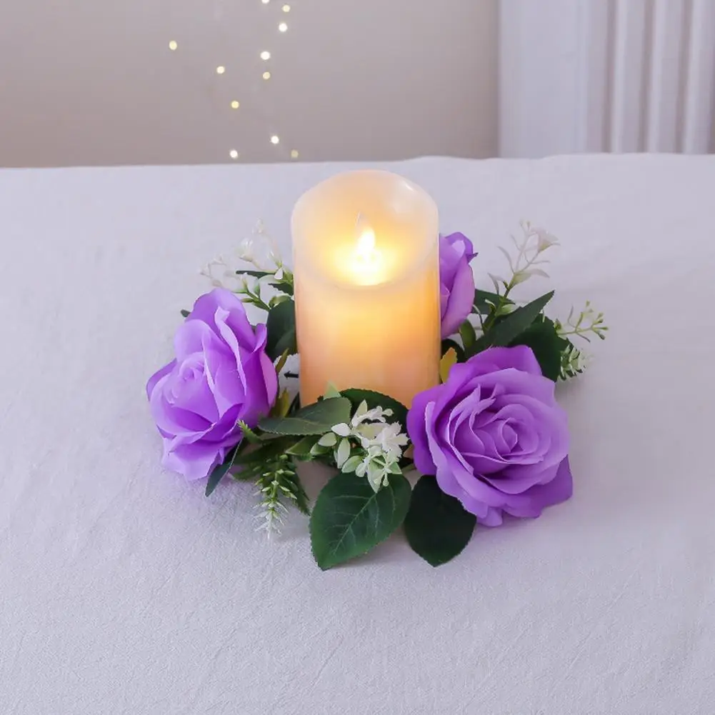 23cm Artificial Rose Wreath Candle Ring Pillar Candle Holder Spring Leaves Flower Garland Home Wedding Party Centerpiece Decor