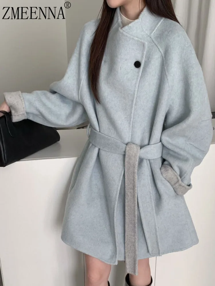 

ZMEENNA женское полушерстяное пальто с воротником-стойкой и одной пуговицей, пояс с завязками, свободная элегантная теплая верхняя одежда, голубой ZM4424