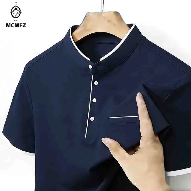 Men's Fashion Mandarin Collar Short Sleeve Polo Shirt Half Button Pocket Decorative Office Casual Tops