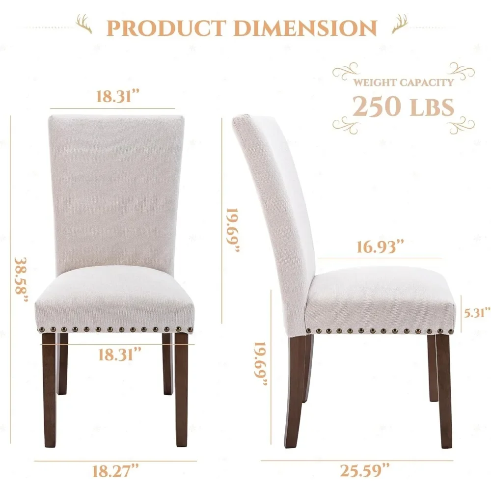 Dining Chairs Set of 6, Upholstered Nailhead Dining Room Kitchen Side Chair with Thick Cushions and Wood Legs, Beige image 3