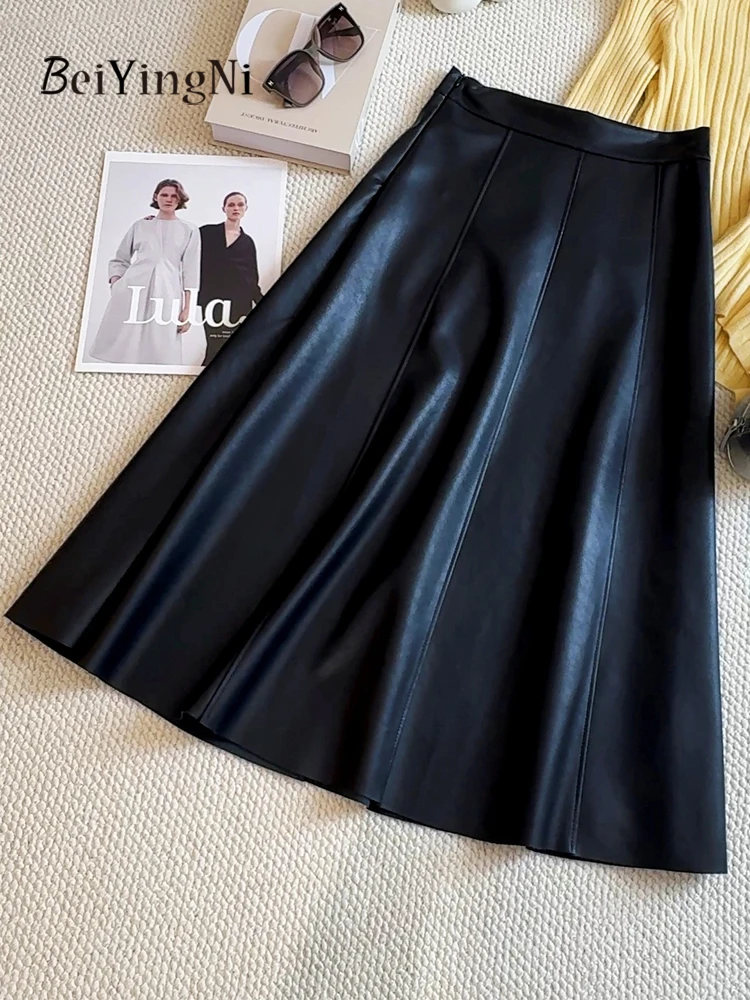 

Beiyingni 2025 Autumn Winter Women Elegant PU Leather Black Skirt Plain Office Ladies Slim High Waist Skirts Temperament Faldas