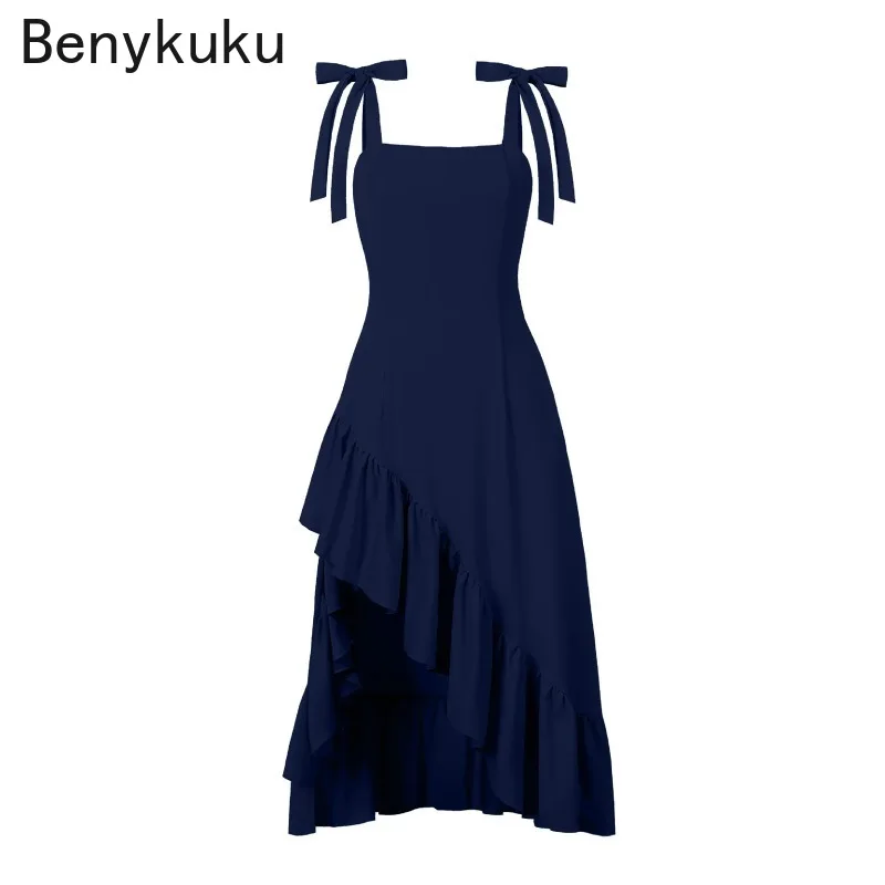 Cinghie con nodo rosso solido Abito lungo da ballo alto basso da donna Elegante volant da cocktail Abiti da compleanno Abiti da sera elasticizzati da donna