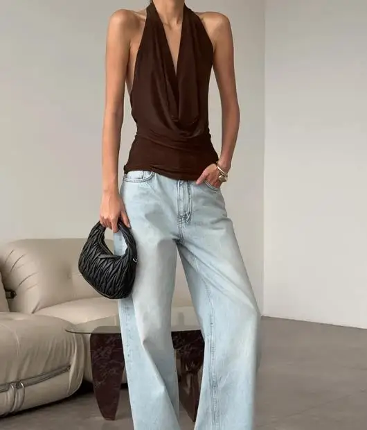 

Top Women 2026 Spring Summer New Solid Color Sexy Low Cut Halter Neck Sleeveless Backless Casual Daily Basic Vest Top
