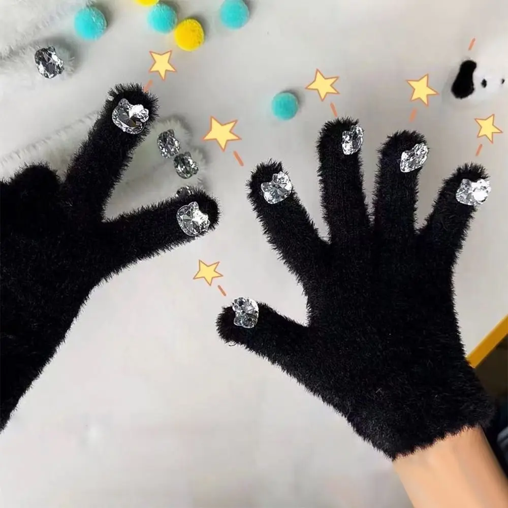 Thicken Women Knitted Gloves Imitation Rhinestone Nail Decoration Soft Winter Gloves Elastic Warmth Cycling Five Finger Gloves