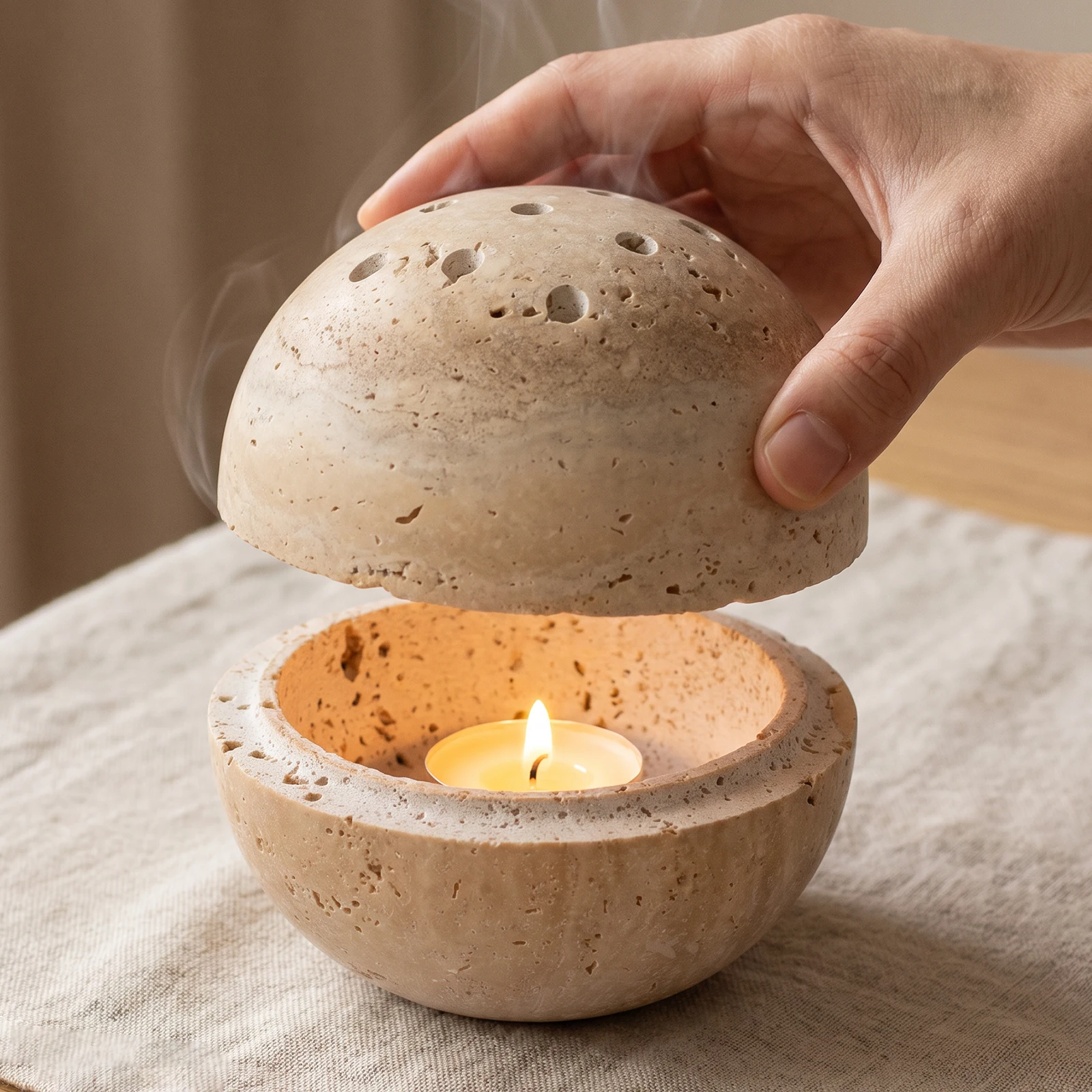 Hand Polished Travertine Incense Burner Perforated Stone Lid Sphere Incense Burner for Home Bedroom Hotel Decor and Relaxation