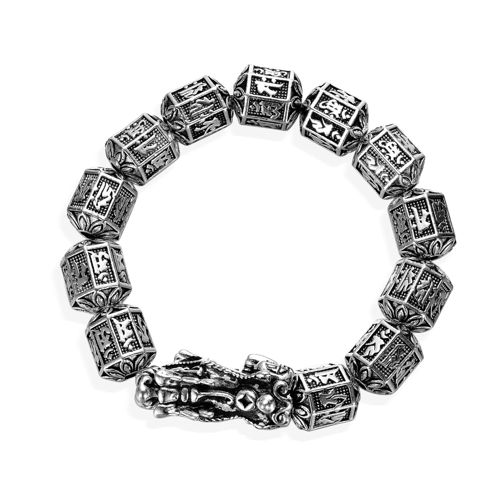 

Six-character True Words Couple Bracelet White Copper Silver Plated Pixiu Hexagon Buddha Beads Thai Black Fashion Niche Bracelet