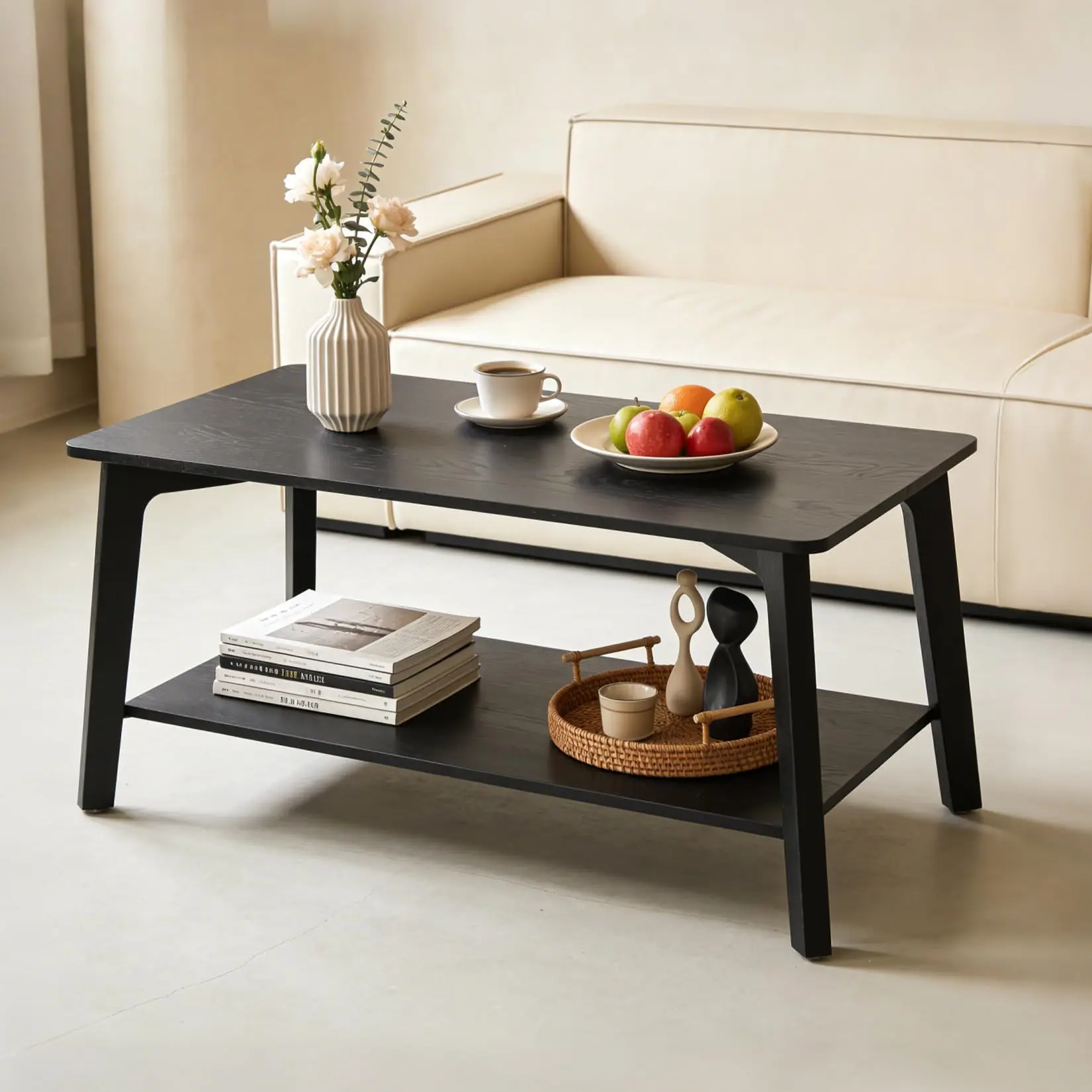 Mid Century Modern 2 Tier Coffee Table With Storage Black