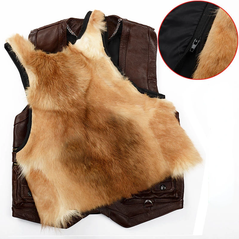 Mens Genuine Leather Cowhide Vest  Middle Aged and Elderly Men's Winter Vest Integrated with Fur and Thick Wool Lining Vest