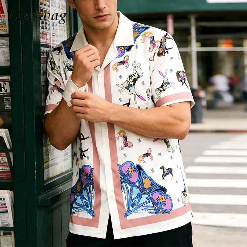 

Spring Summer Casual Mens Silk Shirts Vintage Turn-down Collar Button Shirt Fashion Pattern Print Cardigans Men Beach Thin Shirt
