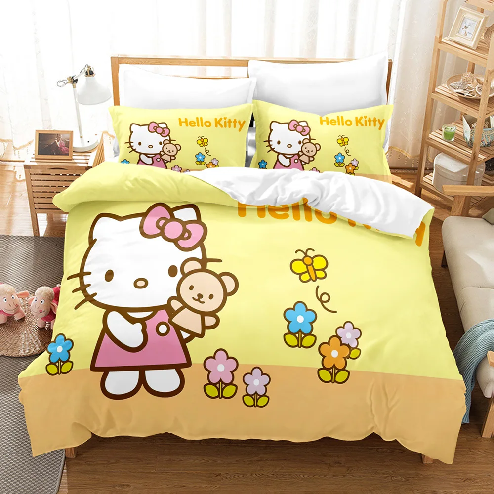 Sanrio Cartoon Anime Kuromi Hello Cat Kitt Cartoon 3D Digital Printing Quilt Cover Pillowcase Bedding Three-piece Set Cosplay