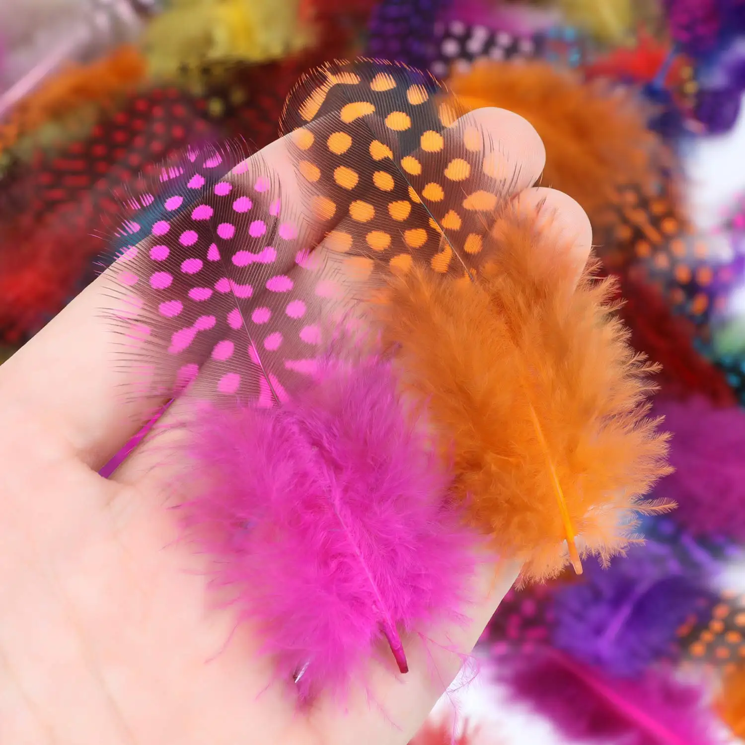 Penas de frango manchadas coloridas, 5-10cm, penas naturais em massa para artesanato diy, roupas, chapéus, joias, decoração de festa de casamento