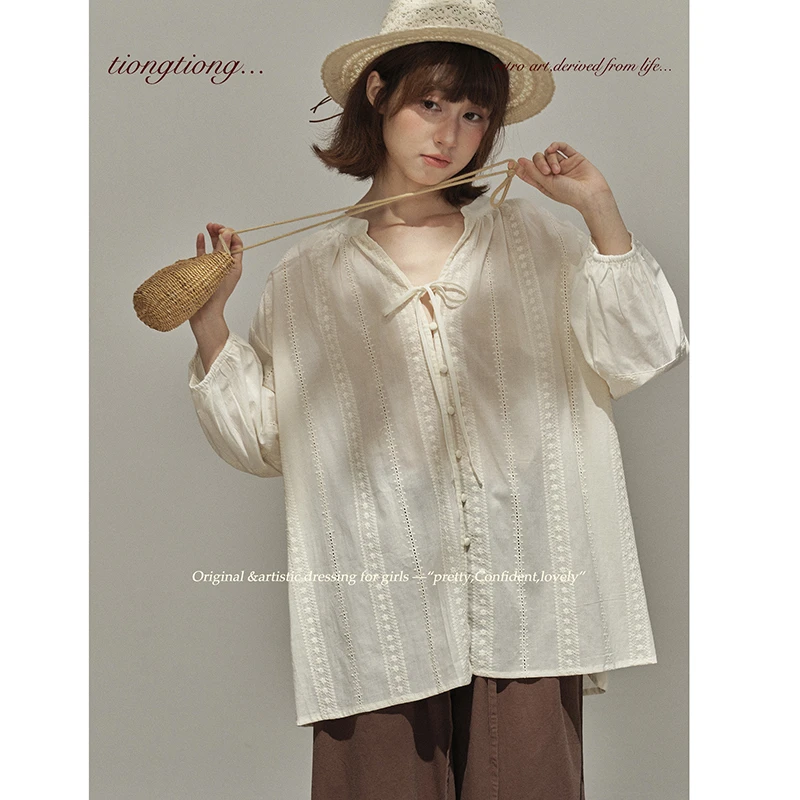 

2025 New Arrival Summer Women Loose Casual V-neck Nine Quarter Sleeve Blouse 100% Cotton Embroidery Single Breasted Shirts T197