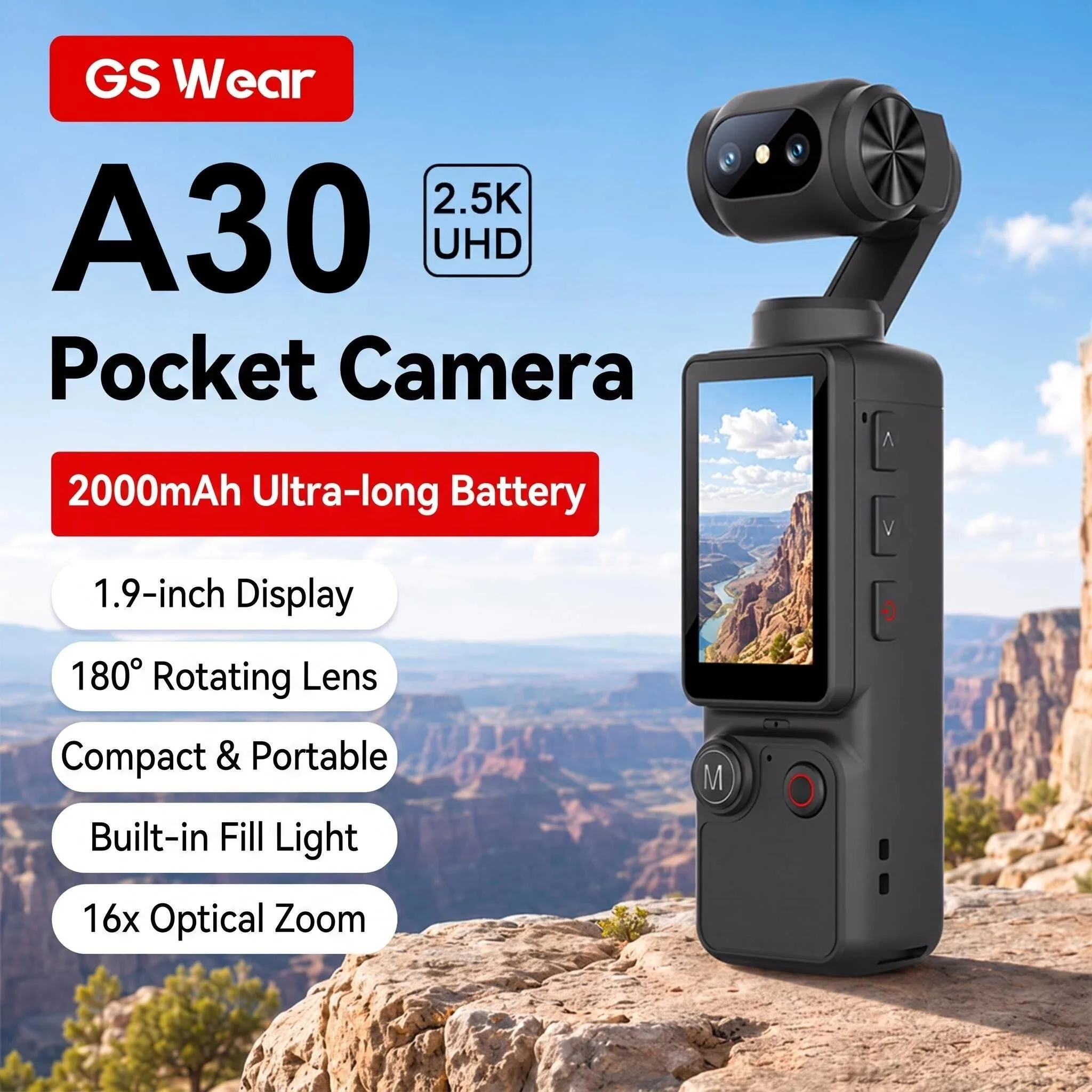 Regaton 4K Action Camera 180° Face Tracking Gimbal Stabilizer 1.9 Inch Touch Screen 64MP Pocket Digital Camera WiFi Sports DJ