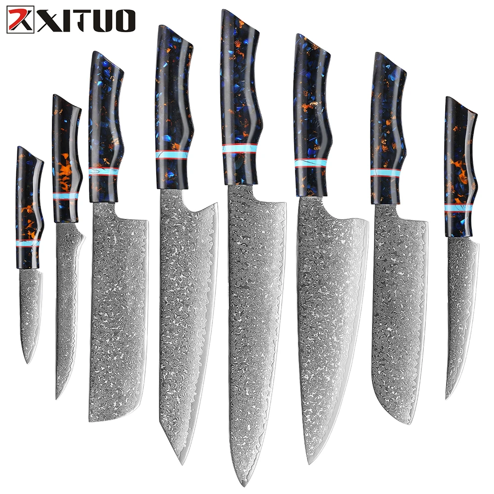 

XITUO Super sharp 1-8pcs Knife Set Kitchen Chef knife Damascus high carbon steel blade Santoku Boning Knife Cooking Knives