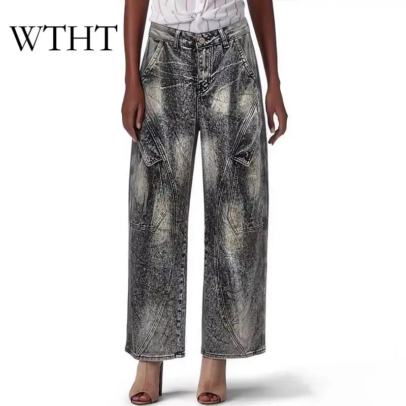 WTHT Vintage Summer 2026 Women Graffiti Print Cargo Denim Pants Slant Flap Pocket Design Washed High-waist Jeans Female 1LS3105
