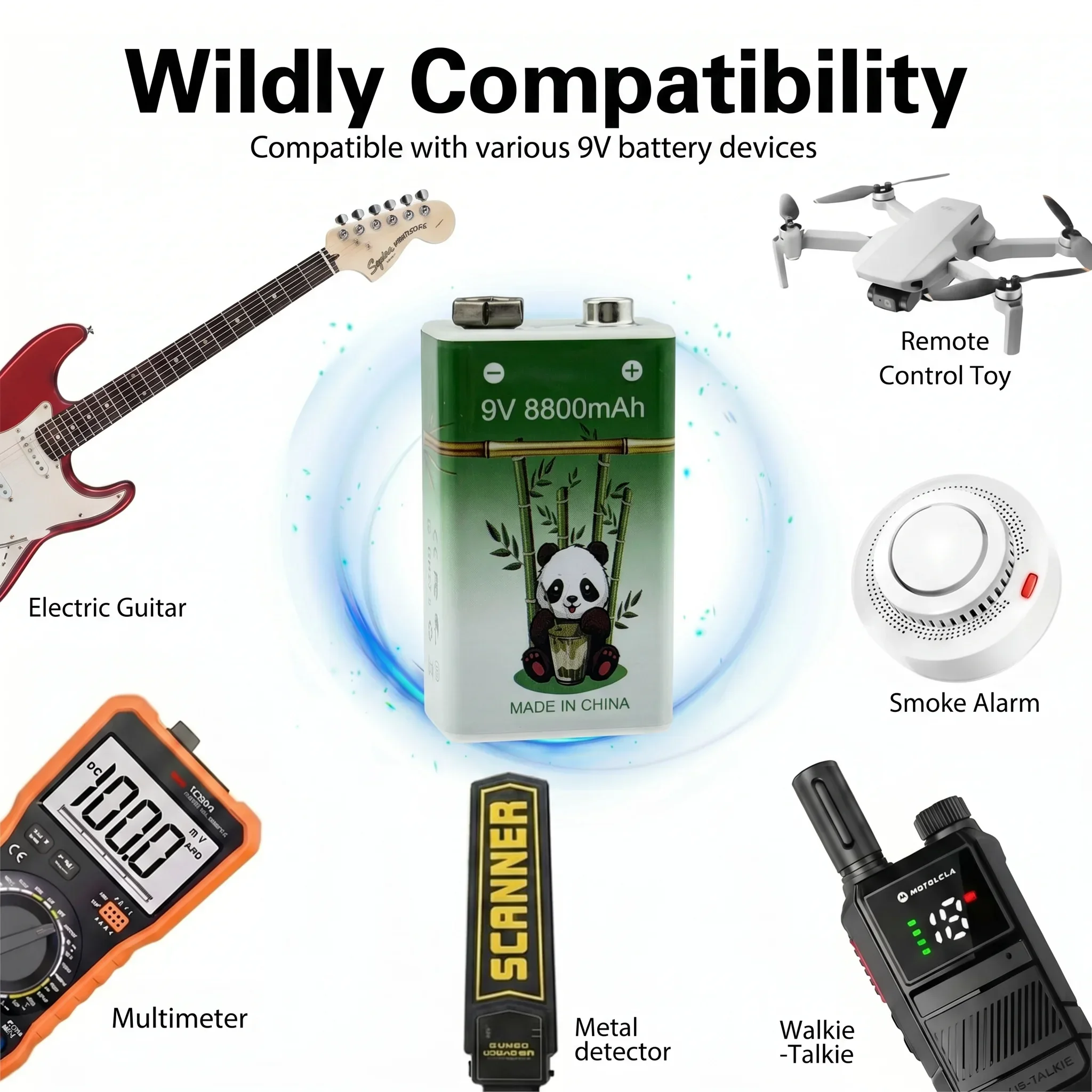 Long-Lasting 9V Rechargeable Lithium-Ion Battery 8800mAh High Capacity with Cable for Guitar Microphone Smoke Detector Pedal