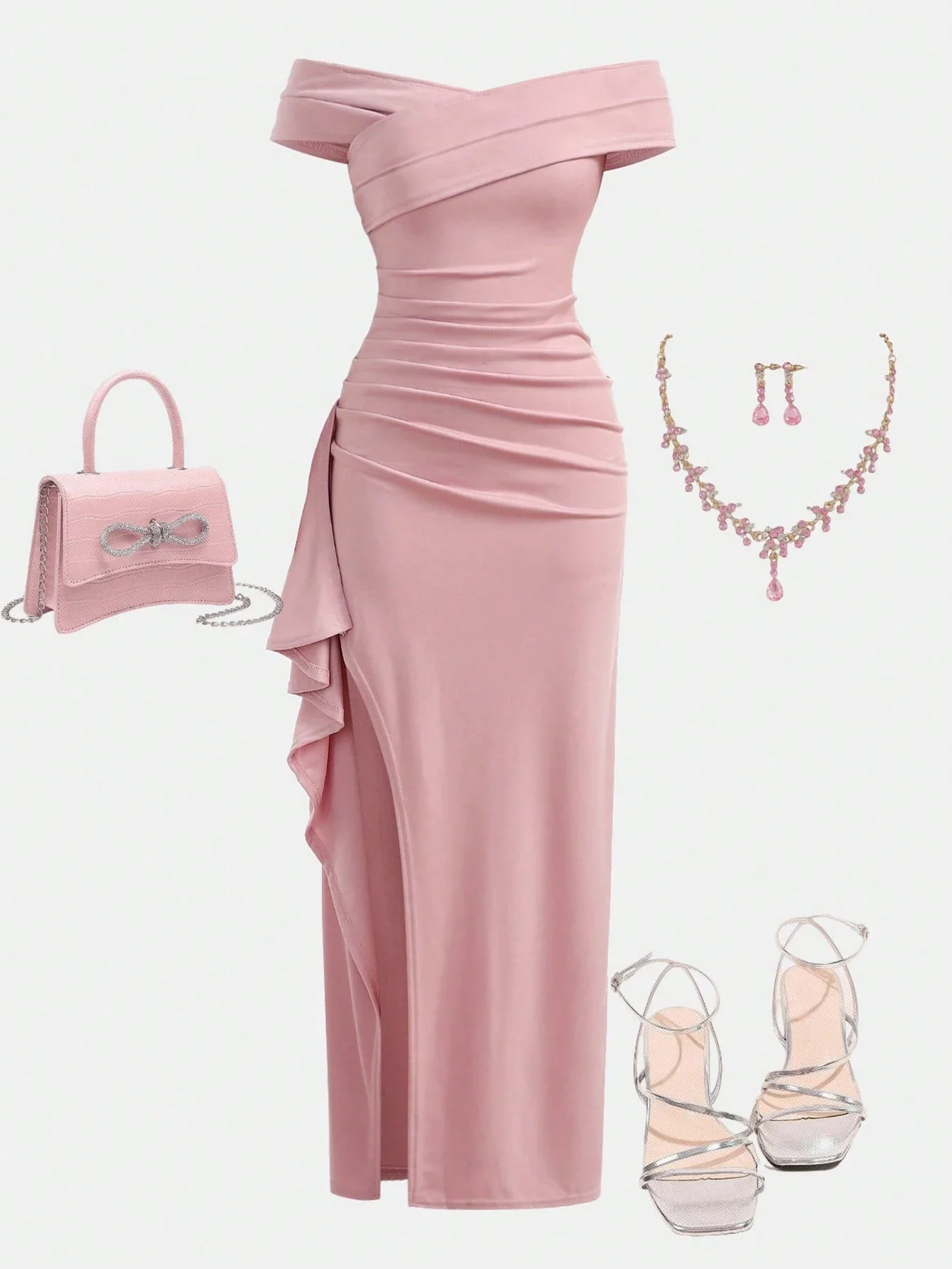 

Elegant Off Shoulder Ruched Slit Evening Dress Pink Formal Gown Cocktail Prom Wedding Guest