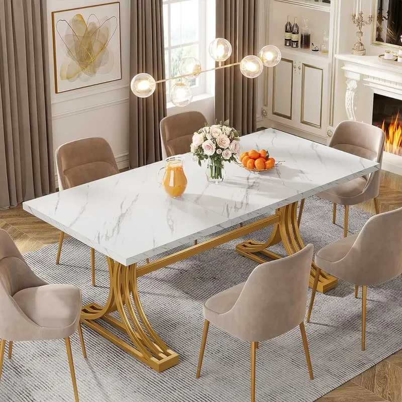 63-Inch Rectangular Dining Table for 4 to 6 Modern Kitchen Tables with Stylish Metal Trestle Legs Large Dinner Tables for
