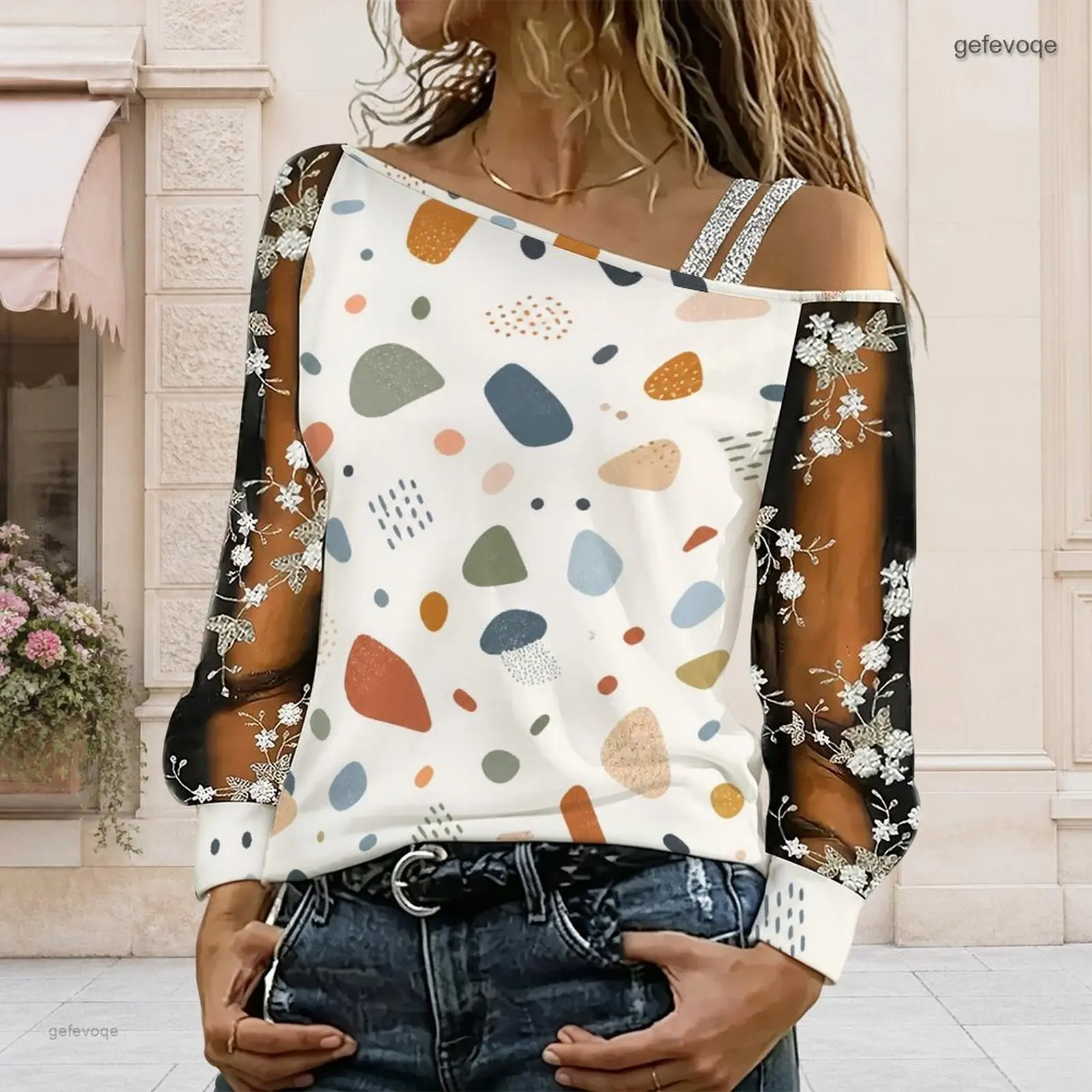 Women Abstract Pebble Print Asymmetric Off Shoulder Top Sheer Floral Embroidered Long Sleeve Blouse