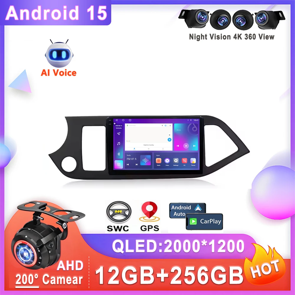 Car Radio Android 15  For KIA PICANTO Morning 2011 - 2017 Stereo Head Unit Multimedia Player No 2din DVD QLED Screen wifi 5G BT