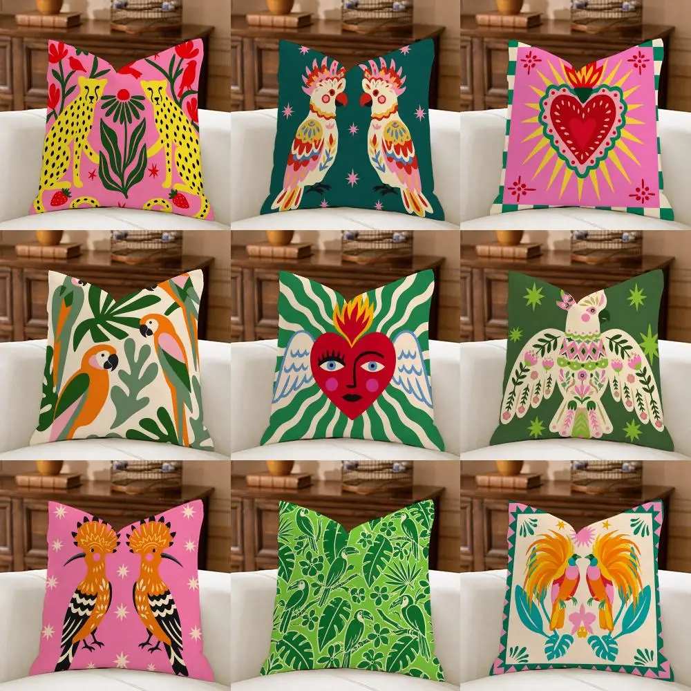 Green Pink Mexican Folk Art Cushion Cover Natural Breathable Durable Linen Printed Decor Pillow Case Sofa Bedroom