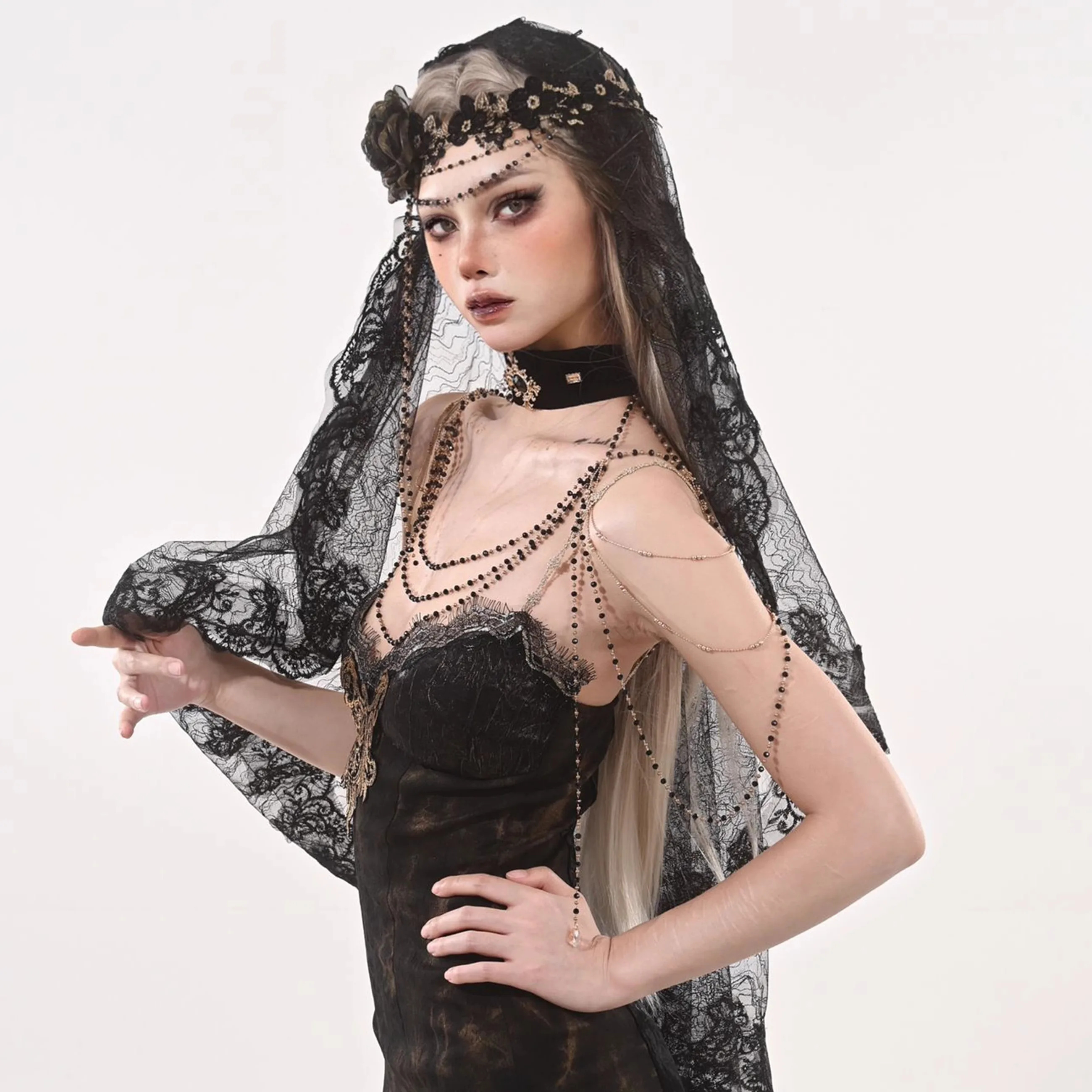 할로윈 블랙 레이스 모자를 쓰고 있죠 유령 신부 어두운 마녀 수녀 공주 고딕 액세서리 빈티지 중세 코스프레 베일