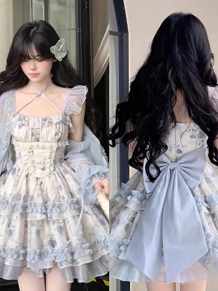 Zomer bloemenprint gezwollen rok Dr dames hoge taille knoop ort stuiterende Princ Cake Sle voor Franse Sle