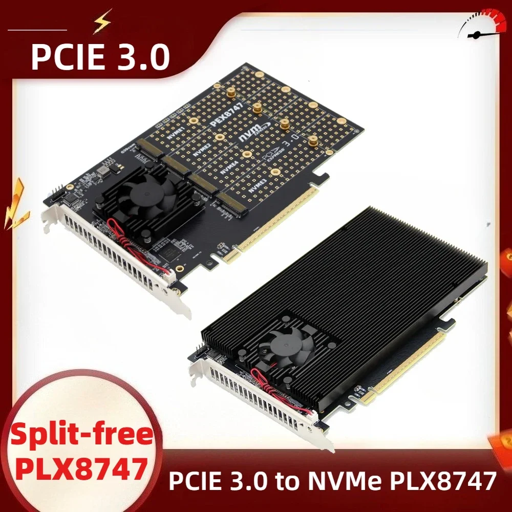 PCIe 3.0 X8 Expansion Card Split-Free For Feiniu 4x NVME Interface Four-Bay 4-Quad 4-Ports M.2 PLX8747 Quiet Full-Height Bracket