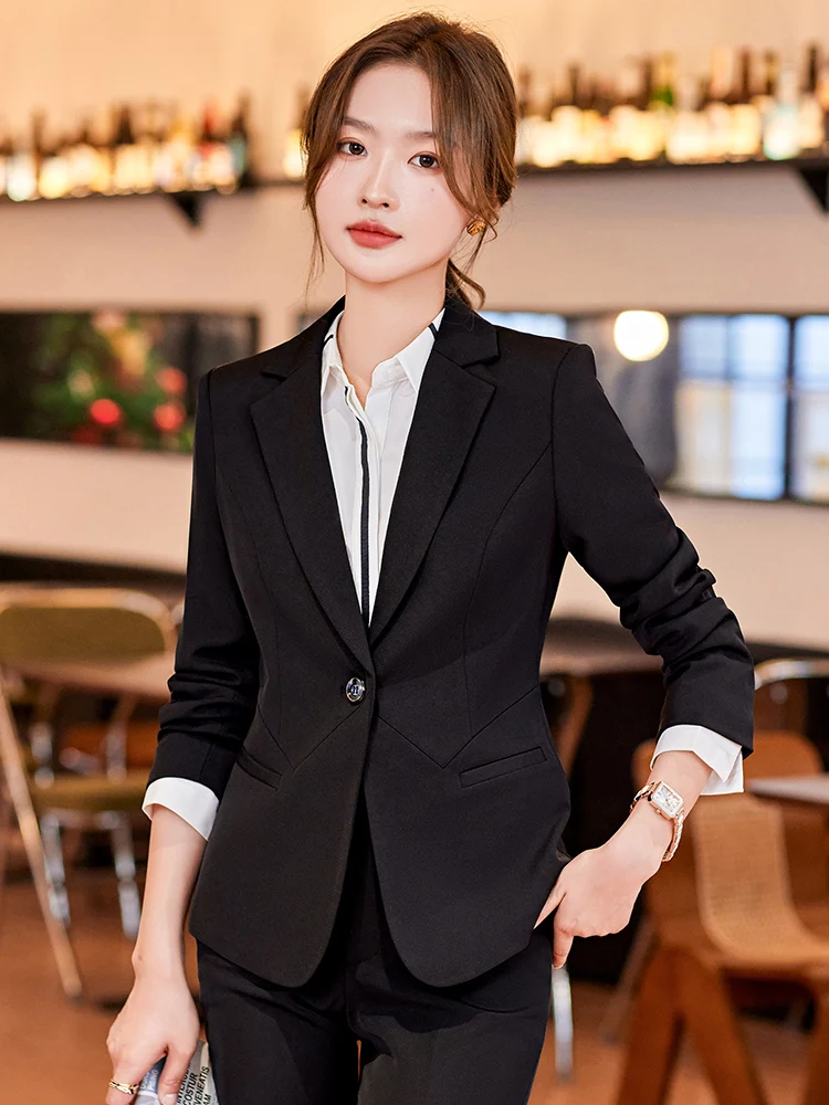 Pure color suit jacket spring and autumn temperament women\'s suit interview formal hotel office uniform two piece sets womens