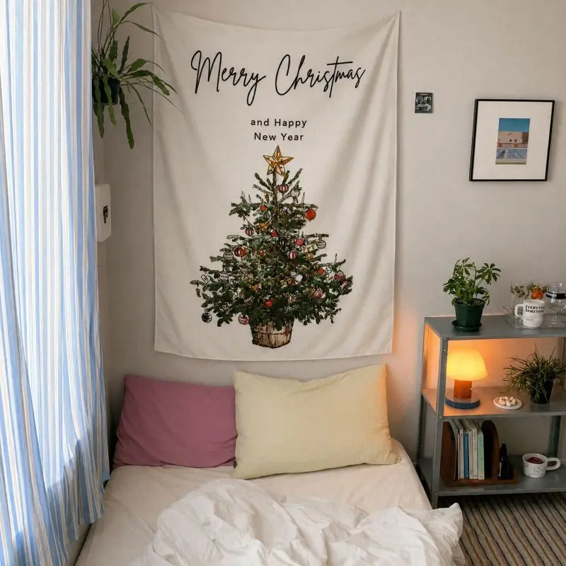VIKAMA Wall Tapestry Merry Christmas Happy New Year Watercolor Tree Star White Winter Holiday Wall Hanging Home Decor Living