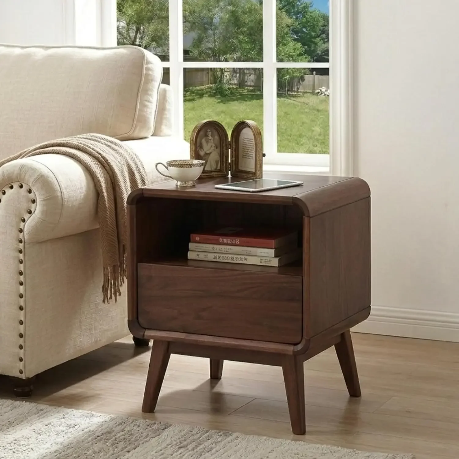 Walnut Night Stand Set of 2, Solid Wood Nightstand with Drawer, Walnut Bedside Table, Mid Century Modern, Customized