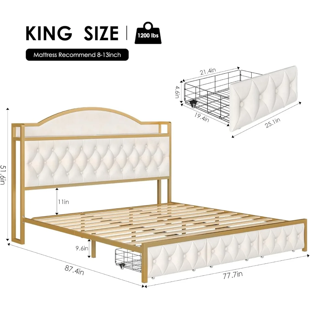 King Size Bed Frame, Storage Headboard with Charging Station,Bed with 3 Drawers, Upholstered Bed with 51.6