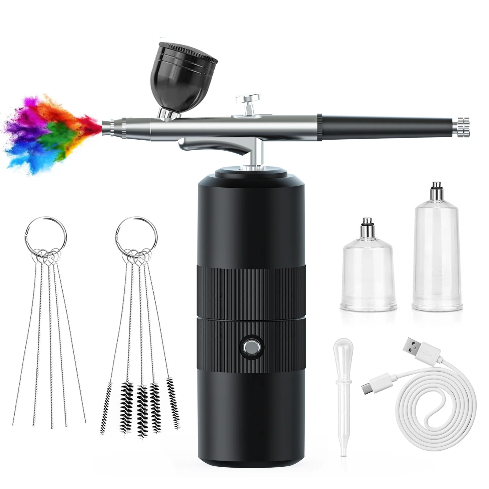 Rechargeable Airbrush Gun Set Portable Cordless Air Brush Kit with Compressor Replacement Cups Cleaning Brushes for Nail Art Mak