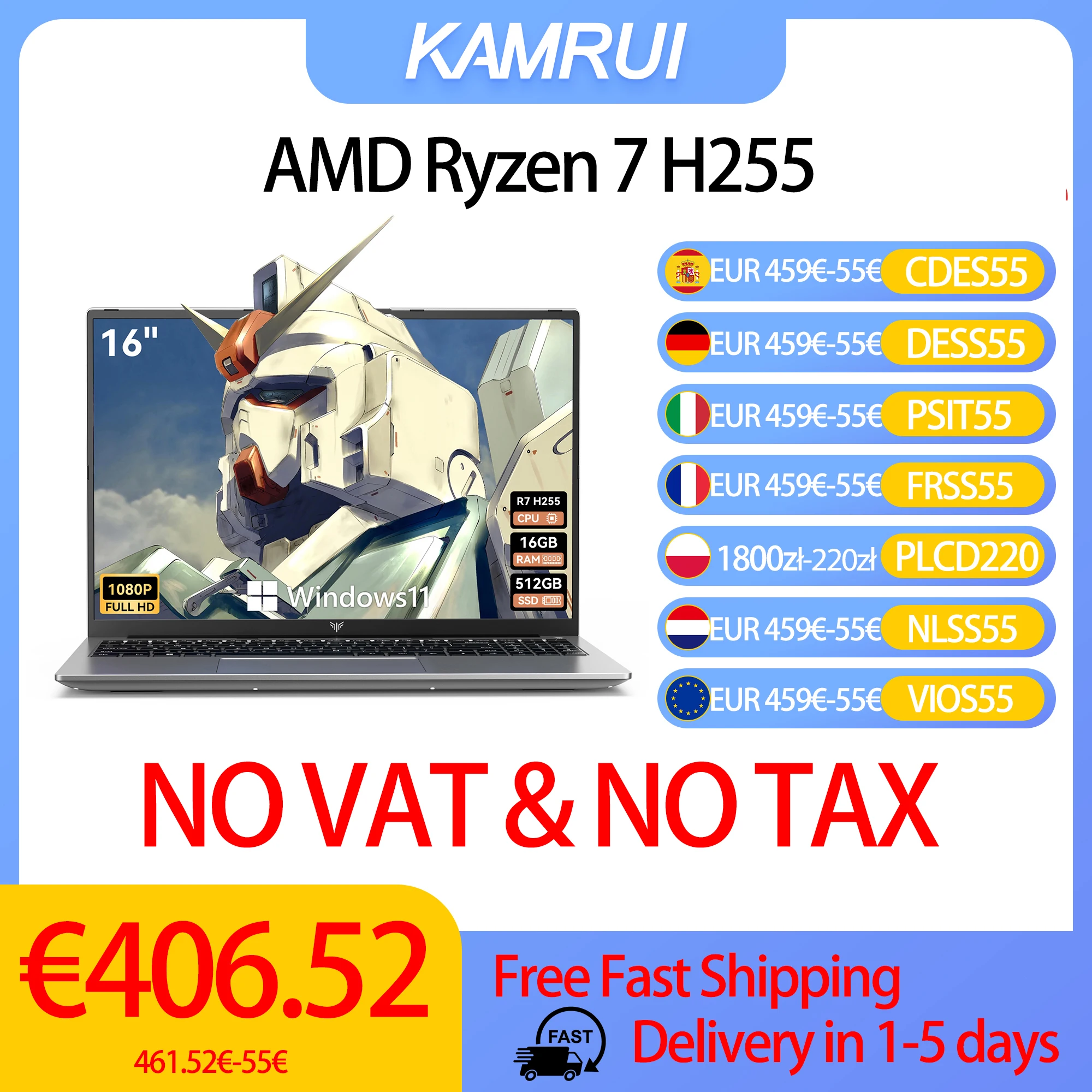 Computadora Portátil KAMRUI, AMD Ryzen7 H255, Windows, Pantalla IPS de 16 Pulgadas, 16 GB DDR5, SSD NVMe de 512 GB, Teclado Retroiluminado y Numérico, Wifi6, BT5.2