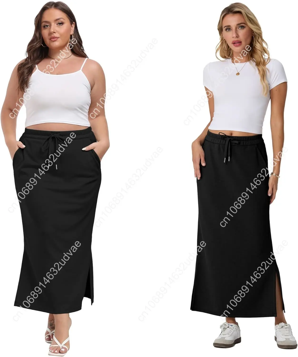 Lepunuo Casual Maxi Skirts for Womens High Waist Trendy Drawstring Side Slit Skirts with Pockets