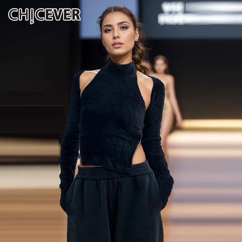 

CHICEVER Backless Two Piece Set Womens Turtleneck Long Sleeve Spliced Lace Up Vests Casual Knitting Solid Sets Female Clothes