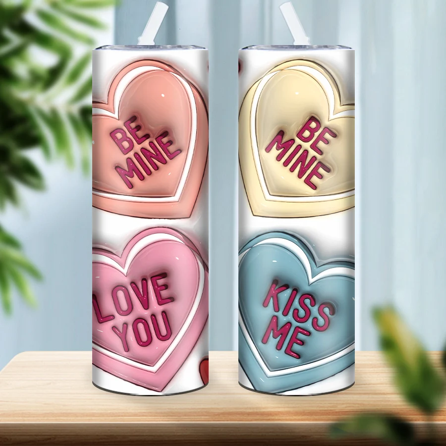 20oz Party Vacuum Tumblers Straw Lid 3D Print Valentine's Day Letters Cups Stainless Insulated Drink Bottle Mugs Festive Gift