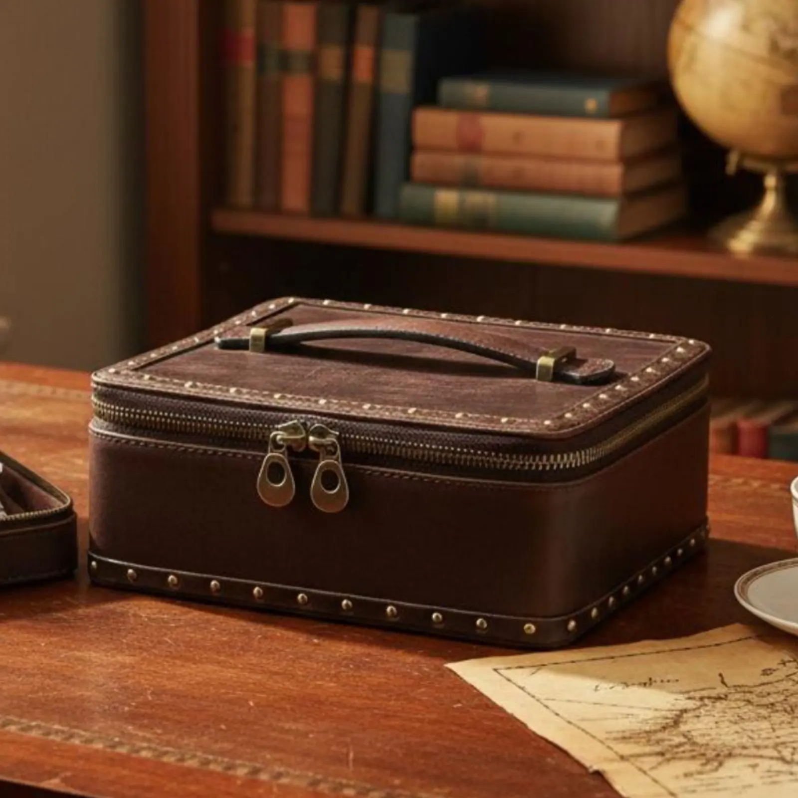 

Vintage Leather Jewelry Box Portable Handle Watch Jewelry Box Leather Watch Case Zipper Closure Storage Container Compact