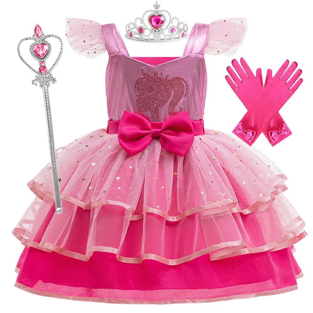 Fly Sleeve Barbie Party Dresses for Girl Carnival Cosplay Costume Pink Tulle Princess Dress Stage Performance Birthday Prom Gown