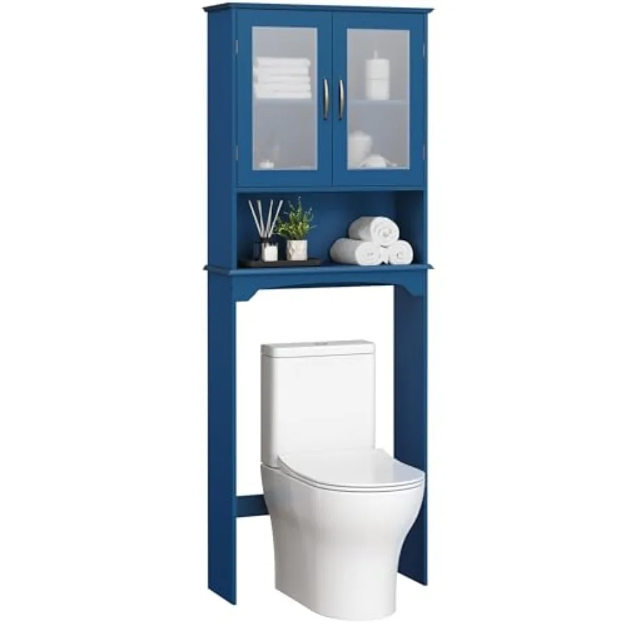 

Over The Toilet Storage Cabinet for Bathroom Washroom Navy Blue Tempered Glass Doors with Adjustable Shelves