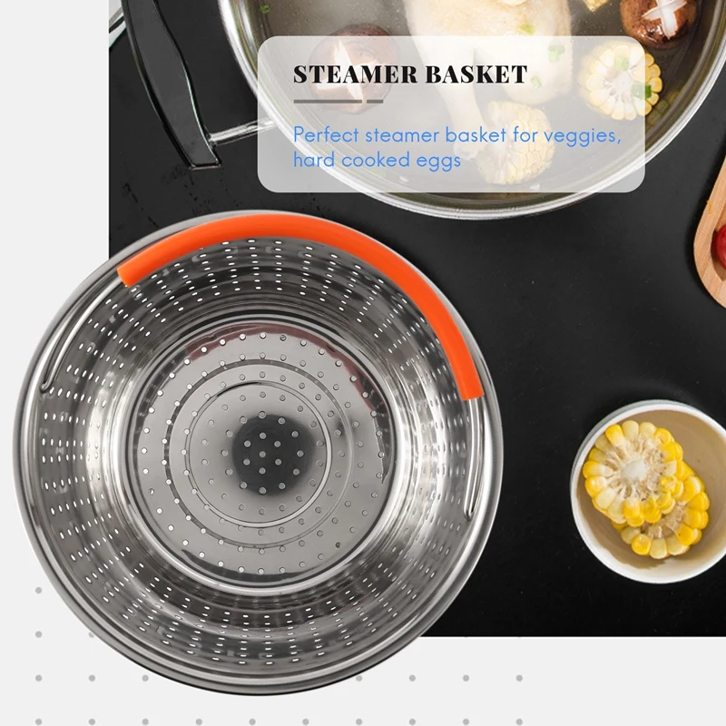 Cesta de vapor, cesta de vapor de acero inoxidable, olla a presión con mango cubierto de silicona, cesta de vapor resistente