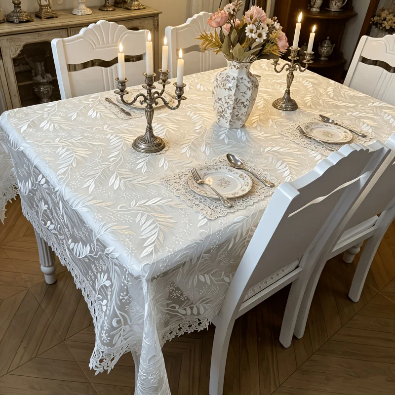 1pc White Lace Embroidered Party Tablecloth, Mesh Floral Hollow-Out Dining Tablecloth, European-Style Light Luxury Transparent Gauze Rectangular Tablecloth, Household Dining Room Living Room Coffee Table Cover, Wedding Party Holiday Decoration