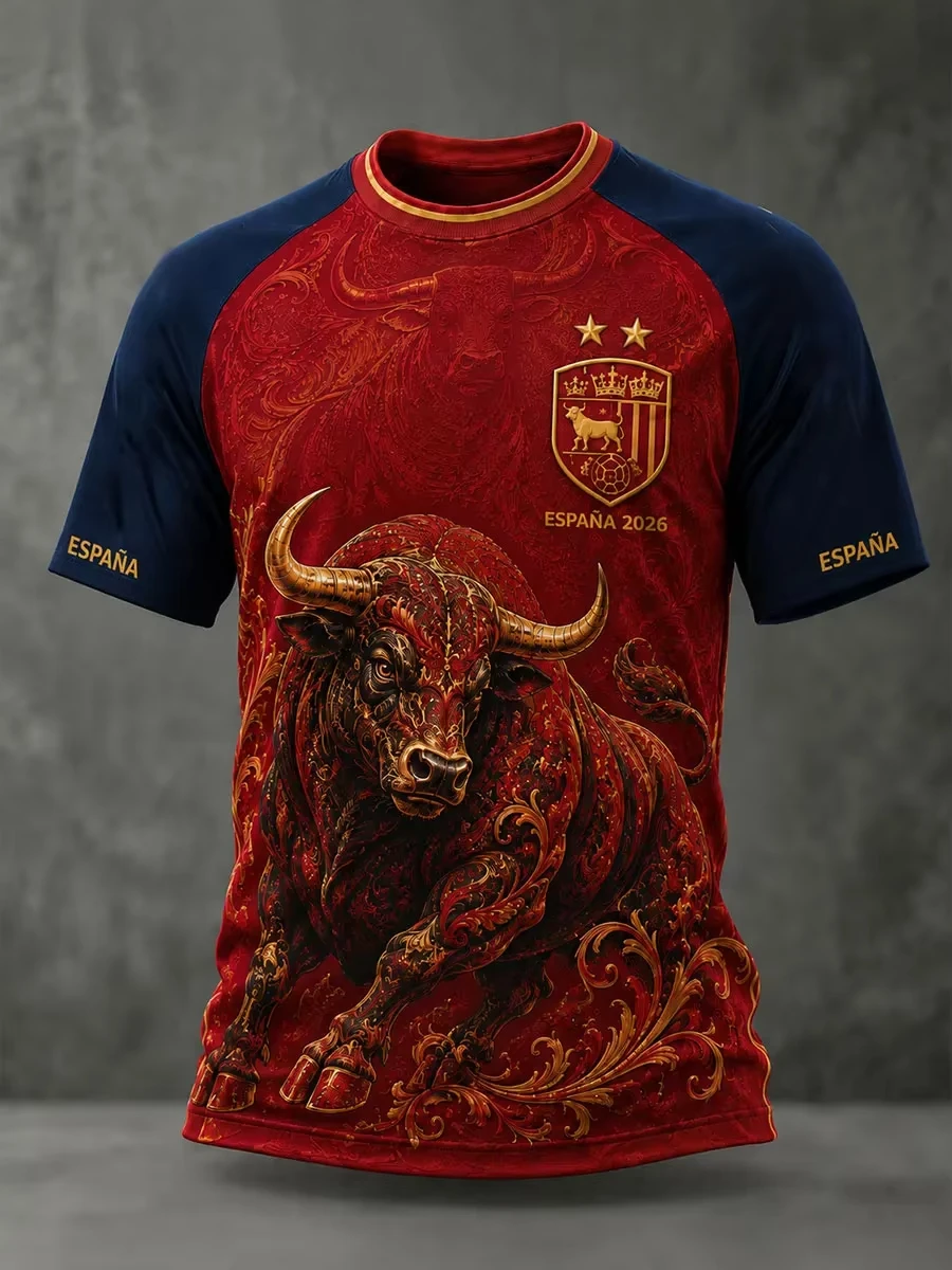 3D Printed Spain 2026 Special Commemorative Soccer Jersey Red Navy Raglan Sleeves Decorative Bull Graphic Espana Two Stars Tops