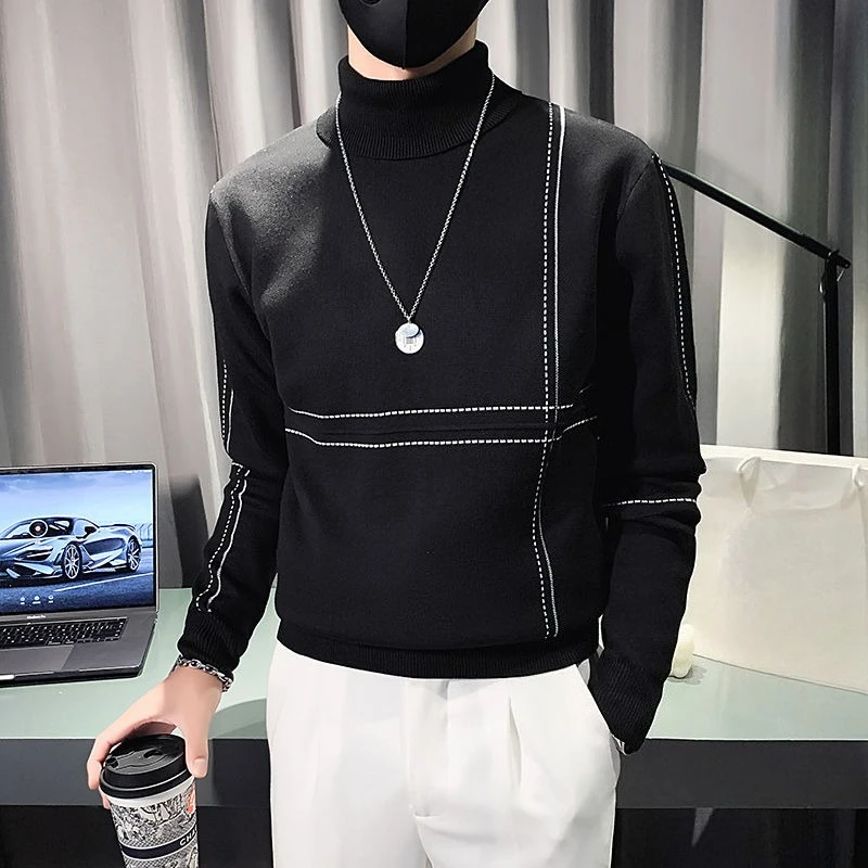Maglione lavorato a maglia ispessito slim fit invernale da uomo con collo alto e jacquard, top a collo lungo tinta unita per giovani uomini