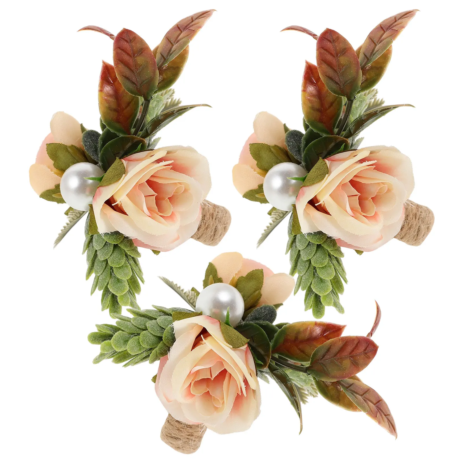 

3pcs Artificial Rose Flower Napkin Rings Jute Silk Pp Material Rustic Floral Table Decor For Wedding Banquet Dinner Party