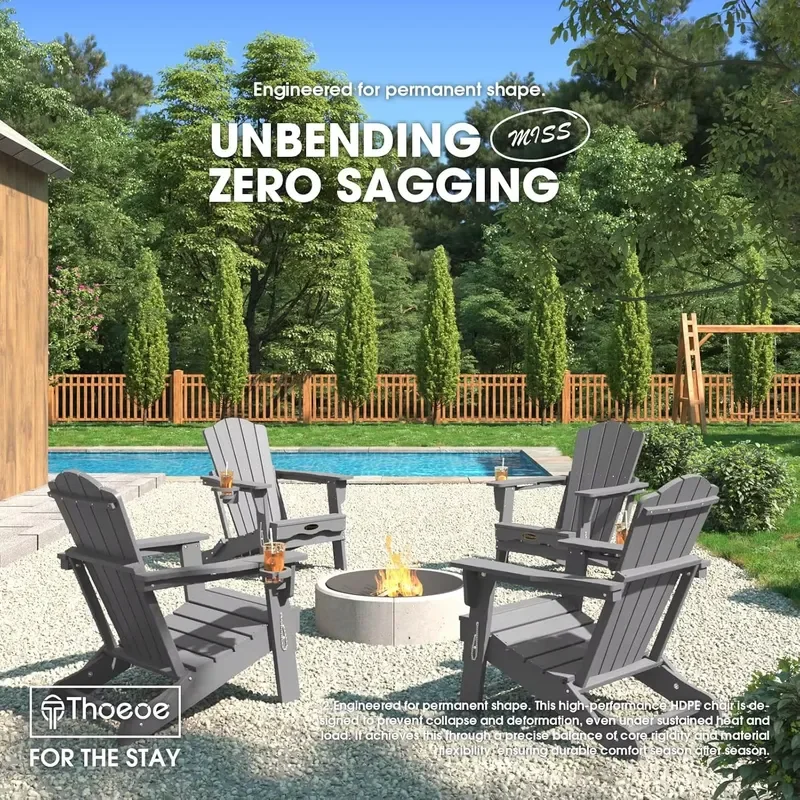 Set of 2 Folding Adirondack Chairs for Outdoor Use HDPE All Weather Patio Chair with Cup Holder Wooden Textured for Fire Pit
