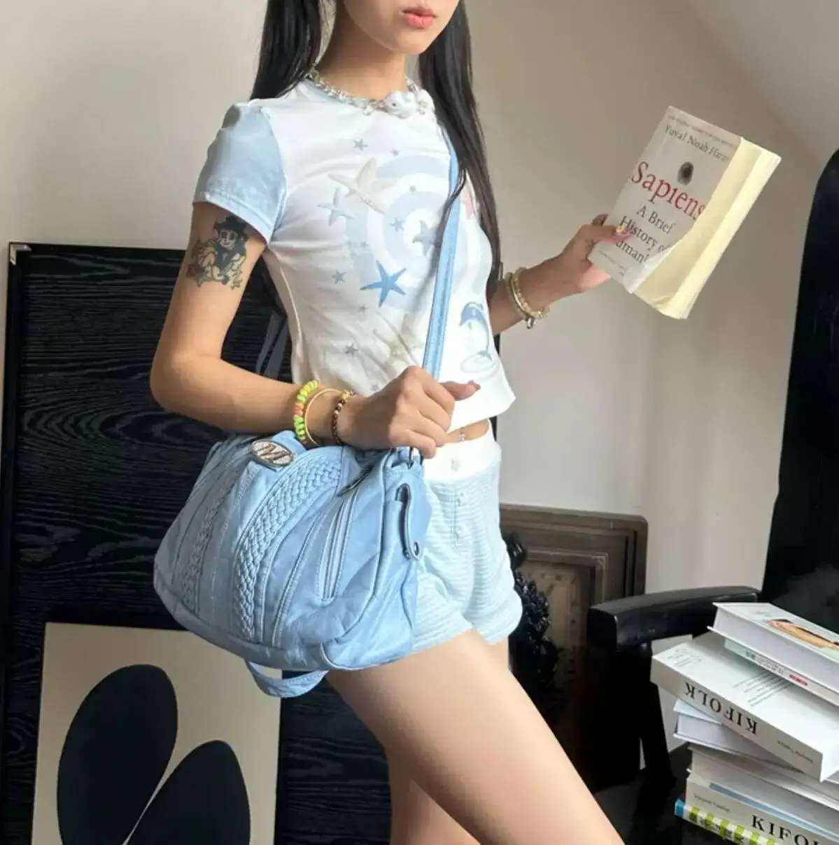 Bloom Hot Girls Blue Shoulder Bags Women Retro Leather Large Capacity Y2k Handbag Female Vintage Messenger Tote Bag Aesthetic