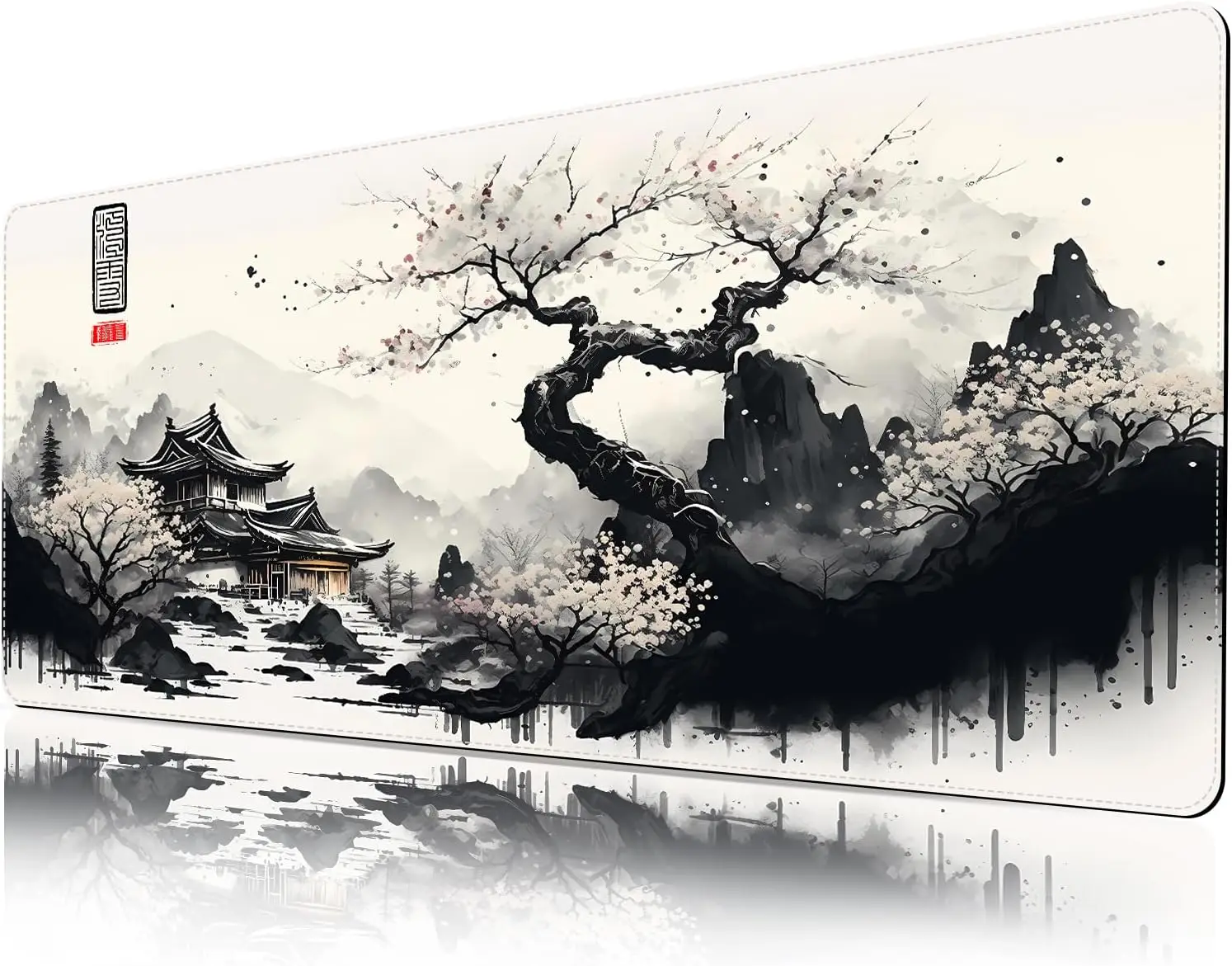 Asian Ink Painting  Gaming Mouse Pad Non-Slip Rubber Mouse Pad with Stitched Edges Waterproof Mouse Mat for Office 31.5" x11.8"