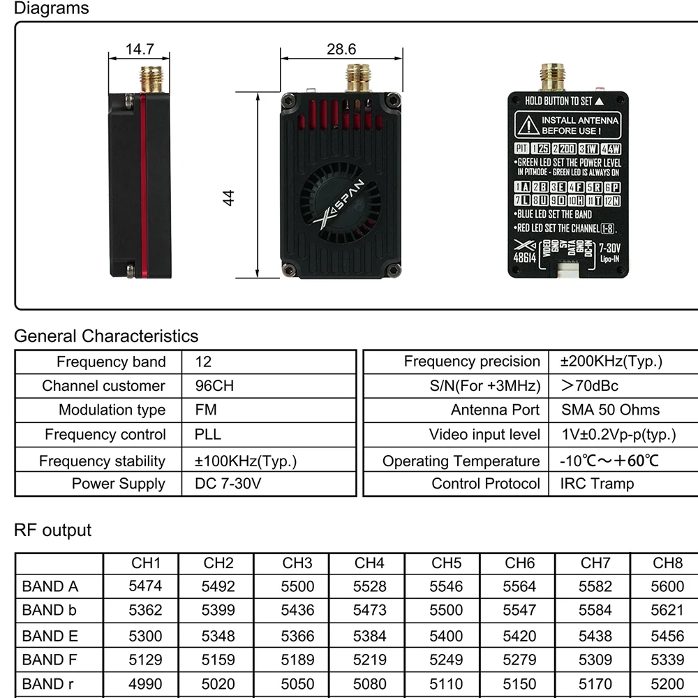 

RUSHFPV Rush FPV 4,8-6,1G XSPAN 4 Вт широкополосный модуль передатчика VTX 96CH 4800–6065 МГц для RC FPV дронов с фиксированным крылом дальнего действия